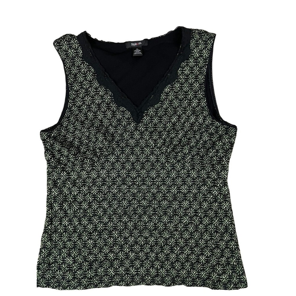 Style & Co Tank Top Womens XL Black Green Lace Trim Floral Textured Sleeveless